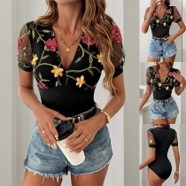 Fashion Gauze Spliced Floral Embroidery V-neck Short Sleeve Bodysuit