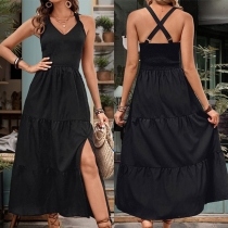 Fashion V-neck Criss-cross Backless High-rise Tiered Dress
