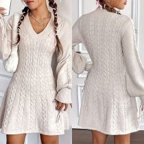 Fashion V-neck Long Sleeve Knitted Cable Pattern Sweater Dress