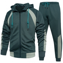 Fashion Contrast Color Sporty Two-piece Set for Men Consist of Drawstring Hooded Sweat Jacket and Sweatpants