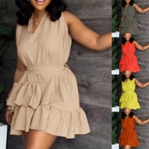 Fashion Solid Color V-neck Sleeveless Tiered Dress