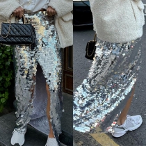 Fashion Bling-bling Sequin Front Slit Maxi Skirt