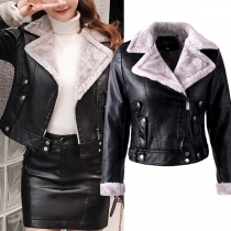 Fashion Notch Lapel Long Sleeve Slant Zipper Plush Lined Artificial Leather PU Crop Jacket with Belt