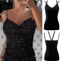 Fashion Bling-bling Draped V-neck Rhinestone Cami-shirt