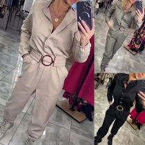 Fashion Stand Collar Front Button Long Sleeve Jumpsuit with Belt