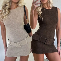 Fashion Solid Color Round Neck Sleeveless Knitted Dress with Belt