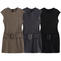 Fashion Solid Color Round Neck Sleeveless Knitted Dress with Belt