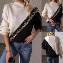Fashion Contrast Color Crew Neck Long Sleeve Sequined Sweater