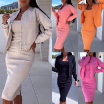 Fashion Solid Color Two-piece Set Consist of Cardigan and Bodycon Dress