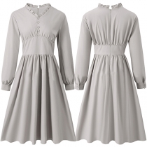 Fashion Ruffle V-neck Front Button Long Sleeve High-rise Dress