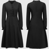 Fashion Ruffle V-neck Long Sleeve Black Dress