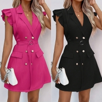 Fashion Notch Lapel V-neck Ruffle Sleeveless Double-breasted Dress with Belt