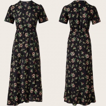 Fashion Floral Printed V-neck Short Sleeve Dress
