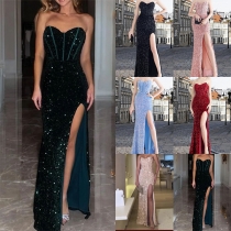Sexy Strapless Sweetheart Neckline Side Slit Sequin Party Dress