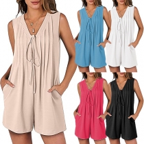 Casual Self-tie V-neck Sleeveless Side Patch Pockets Pleated Romper