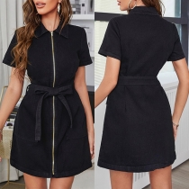 Fashion Polo-neck Short Sleeve Front Zipper Self-tie Mini Dress