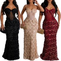 Sexy Sequin Tassel Sweetheart Neckline Maxi Party Dress