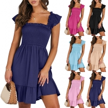 Fashion  Smocked Bodice Square Neck Cap Sleeve Mini Dress