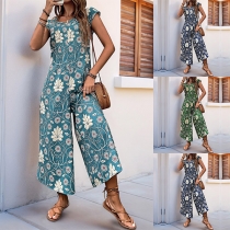 Fresh Style Floral Printed Crew Neck Cap Sleeve Loose Jumpsuit
