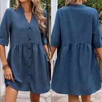 Casual V-neck Short Sleeve Front Button Mini Dress