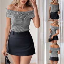 Fashion Off-the-shoulder Bowknot Ribbed Shirt