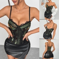 Sexy Lace Spliced Sweetheart Neckline Floral Printed Corset Cami Shirt