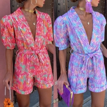 Fashion Colorful Printed Lapel V-neck Short Sleeve Self-tie Romper
