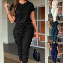 Casual Solid Color Crew Neck Short Sleeve Elastic Waist Side Patch Pockets Jumpsuit