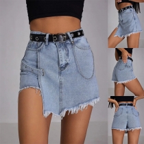 Fashion Irregular Frayed Hemline Old-washed Denim Skorts