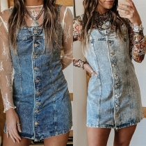 Fashion Front Button Square Neck Old-washed Denim Suspender Dress