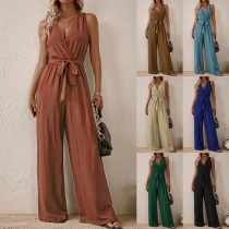 Fashion Solid Color V-neck Sleeveless Self-tie Wide-leg Jumpsuit