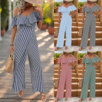Street Fashion Vertical Stripe Ruffle V-neck Wide-leg Cami Jumpsuit