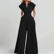 Elegant Slit V-neck Cap Sleeve High-rise Wide-leg Jumpsuit