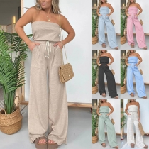 Sexy Stripe Printed Strapless Elastic Waist Patch Pockets Wide-leg Jumpsuit