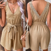 Fashion Lace Spliced V-neck Backless Front Button Self-tie Romper