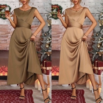 Elegant Crew Neck Sleeveless Self-tie Satin Midi Dress