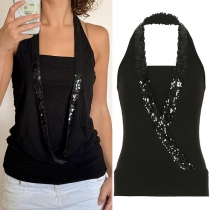 Sexy Sequin Spliced Halter Neck Sleeveless Backless Shirt