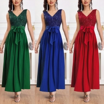 Elegant Bling-bling Sequined Spliced V-neck Sleeveless Self-tie Pleated Party Dress