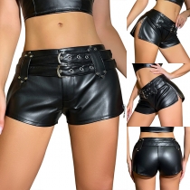 Sexy Low-rise Side Zipper Slit Artificial Leather PU Shorts with Belt