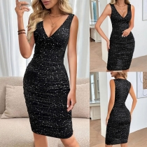 Sexy Bling-bling V-neck Sleeveless Ruched Bodycon Dress