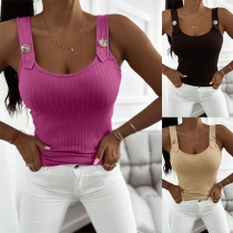 Fashion Metal Button Square Neck Ribbed Cami Shirt
