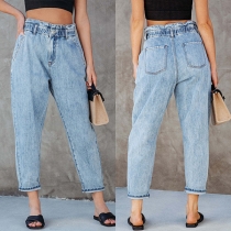 Fashion Elastic Waist High-rise Old-washed Denim Jeans