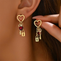 Fashion Rhinestone Lock Key Heart Pendant Earrings