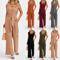 Fashion V-neck Sleeveless Self-tie Straight-cut Jumpsuit