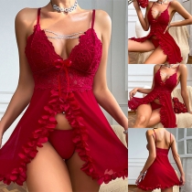 Beautiful Lace Spliced Gauze V-neck Ruffle Slit Two-piece Nightwear Dress