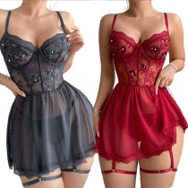 Comfy Lace Spliced Gauze Floral Decoration Nightwear Dress