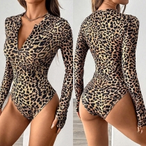 Fashion Leopard Printed V-neck Long Sleeve Bodysuit
