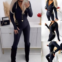 Fashion Slim-fit Chain Two-piece Set Consist of Crop Jacket and Skinny Pants