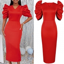 Elegant V-neck Cutout Puff Short Sleeve High-rise Bodycon Party Dress