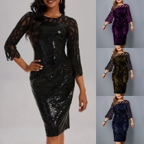 Fashion Bling-bling Sequin Spliced Gauze Crew Neck Elbow-sleeve Bodycon Party Dress